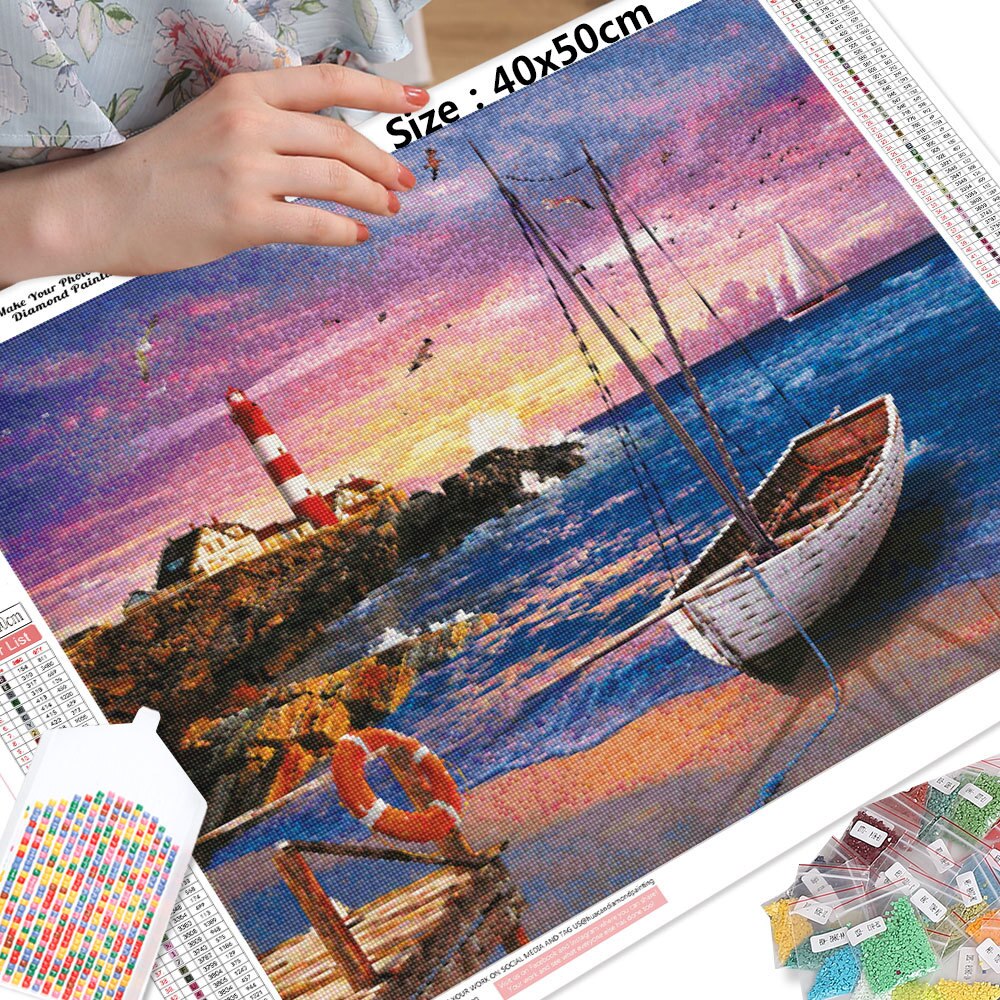 HUACAN-5D-DIY-Landscape-Diamond-Mosaic-Seaside-Full-Square-Round-Painting-Lighthouse-Embroidery-Complete-Kit-Wall