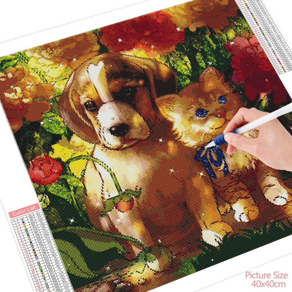 HUACAN-peinture-diamant-chien-broderie-5D-ensemble-de-couleurs-mosa-que-de-chat-carr-rond-animaux