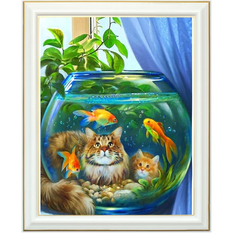 Diamond painting - Chat et poissons rouges - 40 x 50 cm