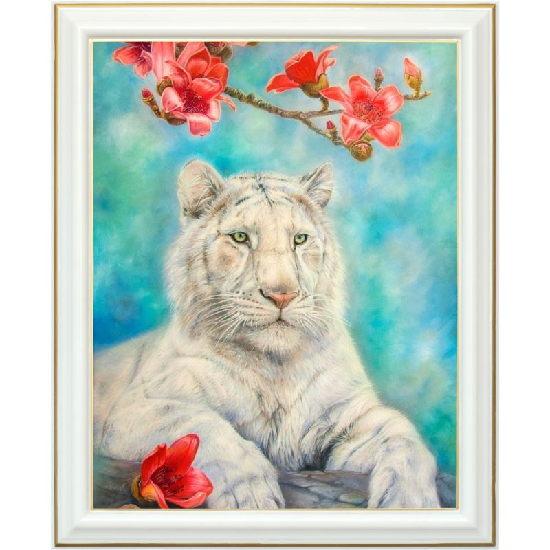 Broderie diamant - Tigre blanc et fleurs rouges - 40 x 50 cm
