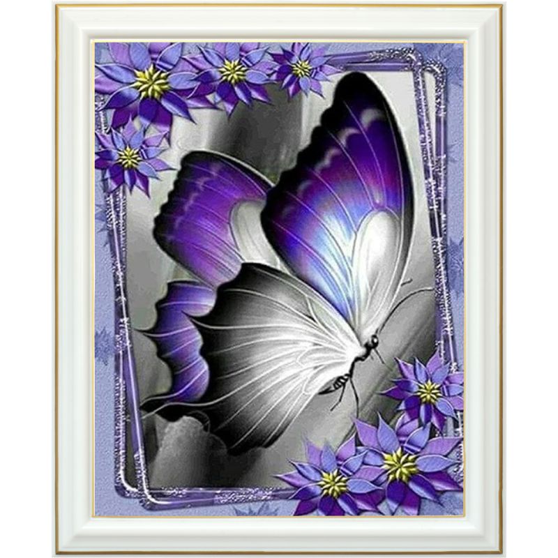 Diamond painting - Papillons et fleurs violettes - 40 x 50 cm