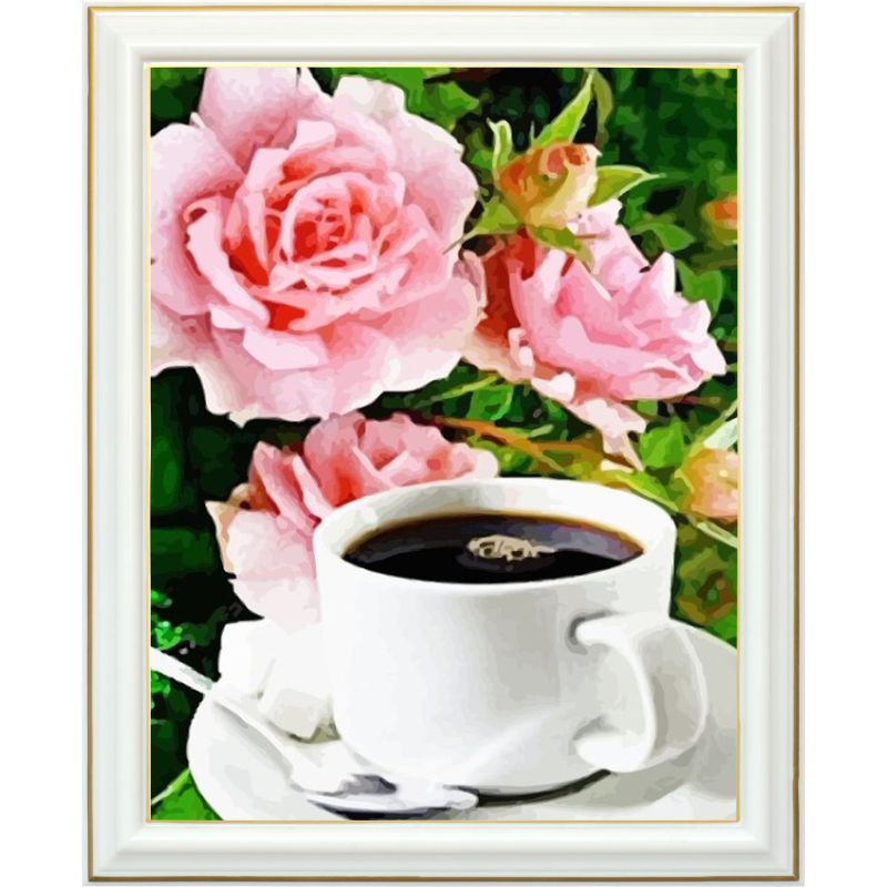 Broderie diamant - Roses et café - 40 x 50 cm
