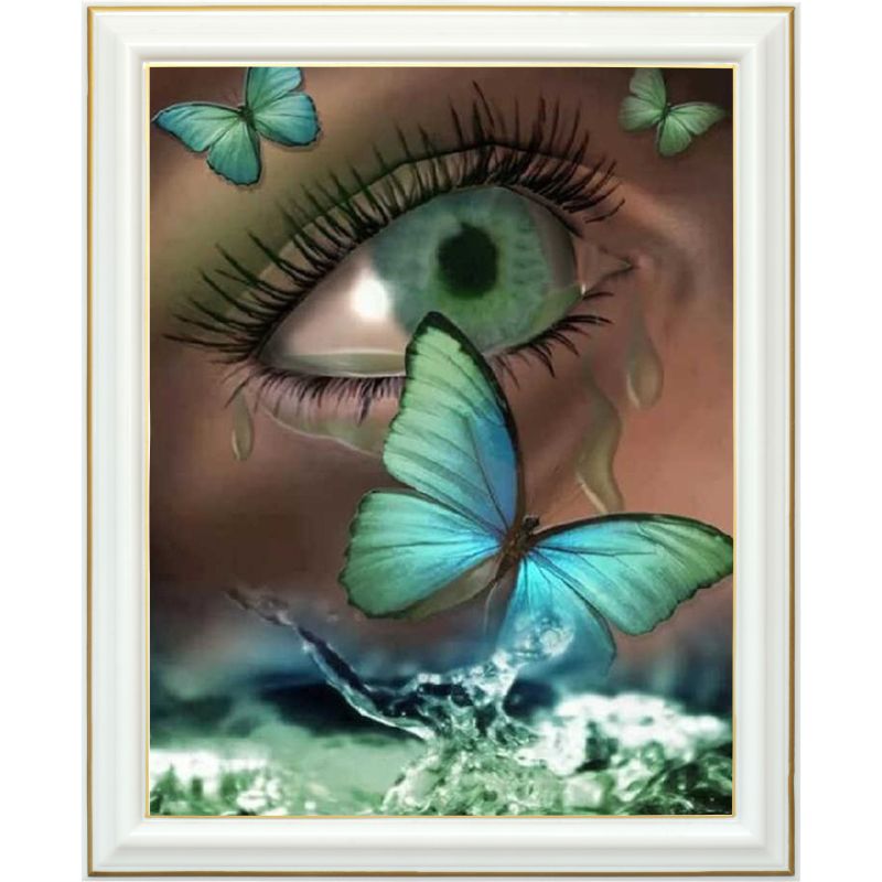 Broderie diamant - Œil et papillon vert - 40 x 50 cm