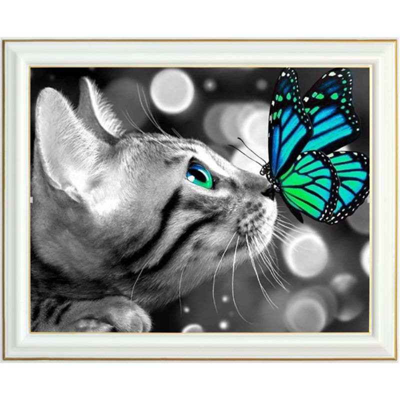 Broderie diamant - Chat et papillon vert - 40 x 50 cm