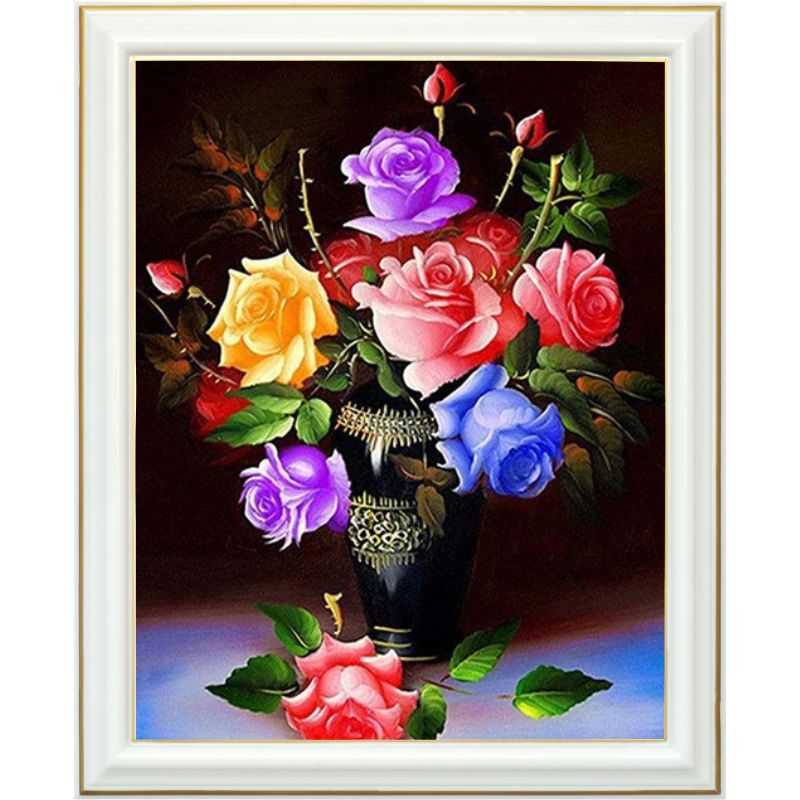 Broderie diamant - Bouquet de roses en vase - 40 x 50 cm