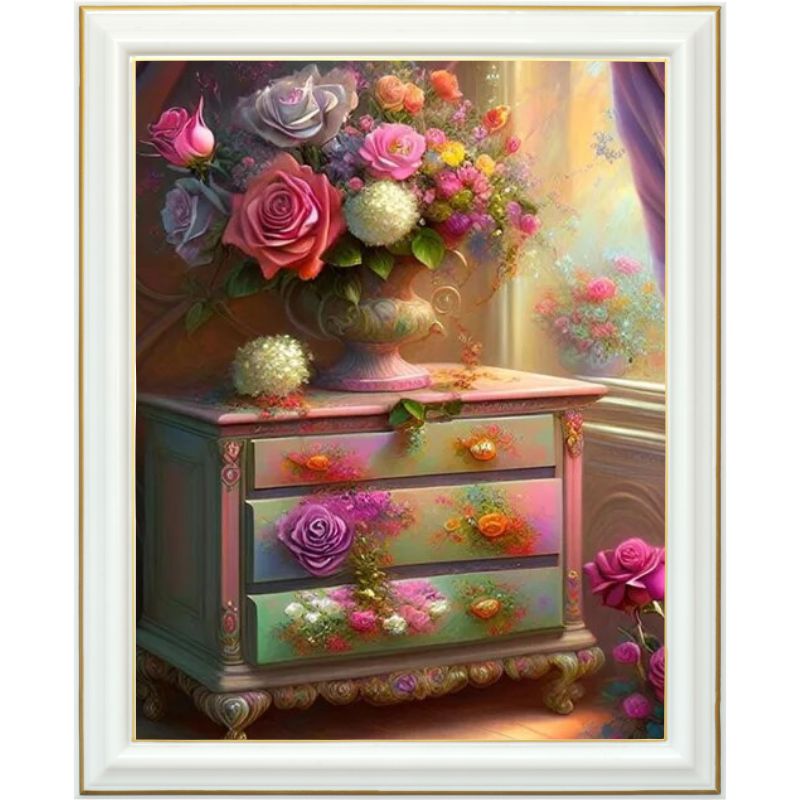 Diamond painting - Élégance florale : Vase de roses sur une commode