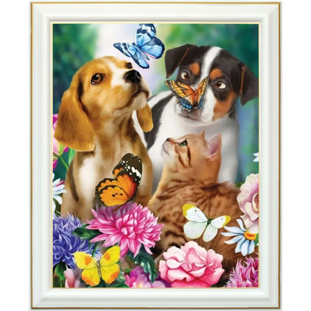 Broderie diamant - Les chiots du jardin