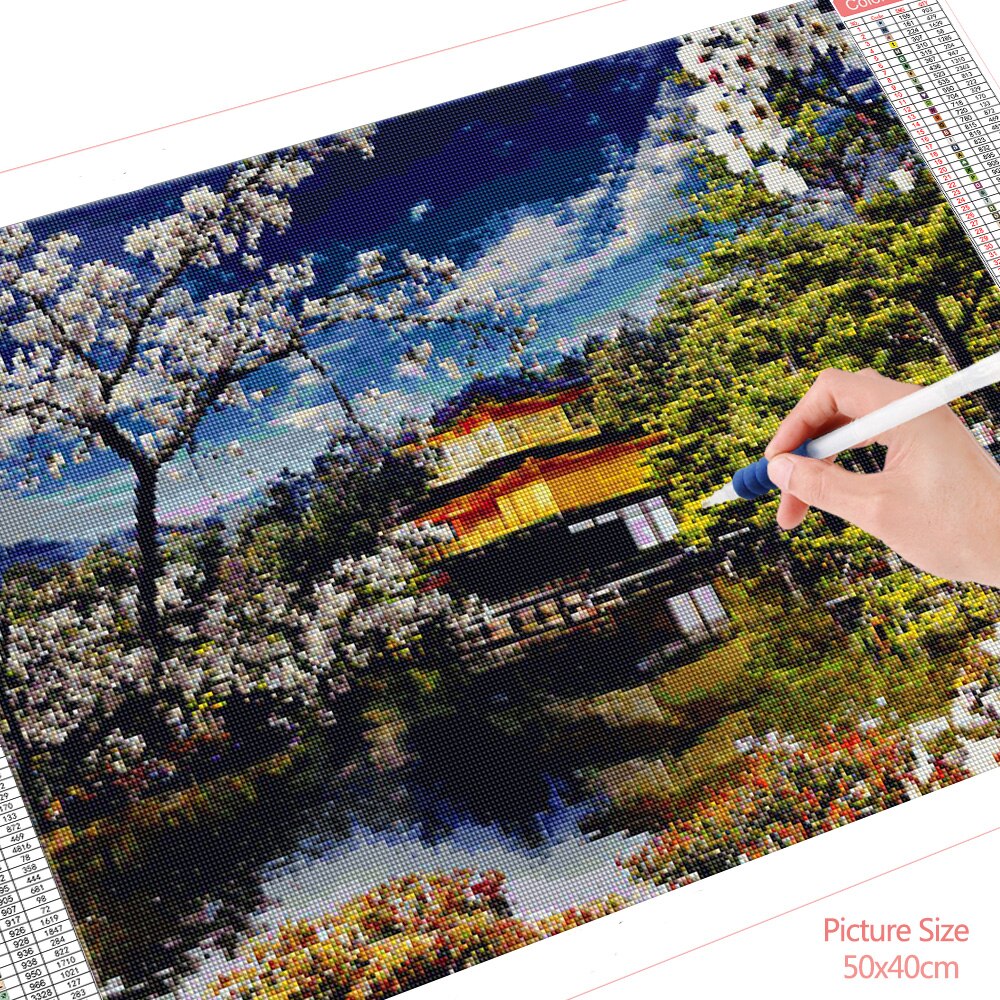 HUACAN-peinture-diamant-5D-paysage-de-b-timent-japonais-broderie-mosa-que-fleur-de-cerisier-Art