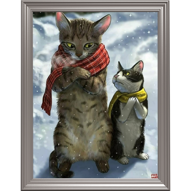 Broderie diamant - Les deux chats sous la neige