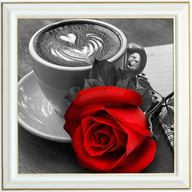 Broderie diamant - Café et rose rouge