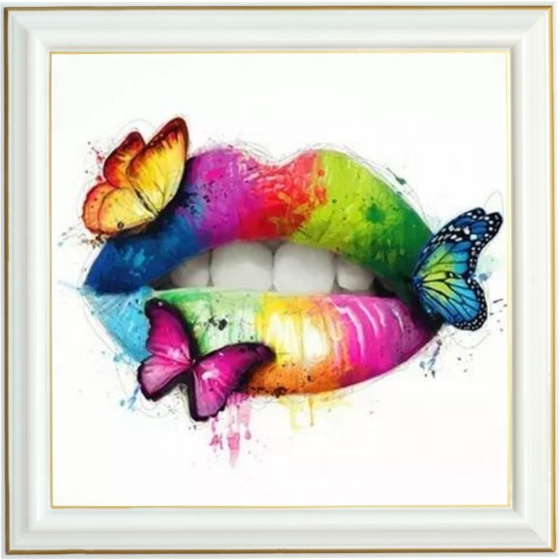 Broderie diamant - Bouche et papillon multicolores - 40 x 50 cm