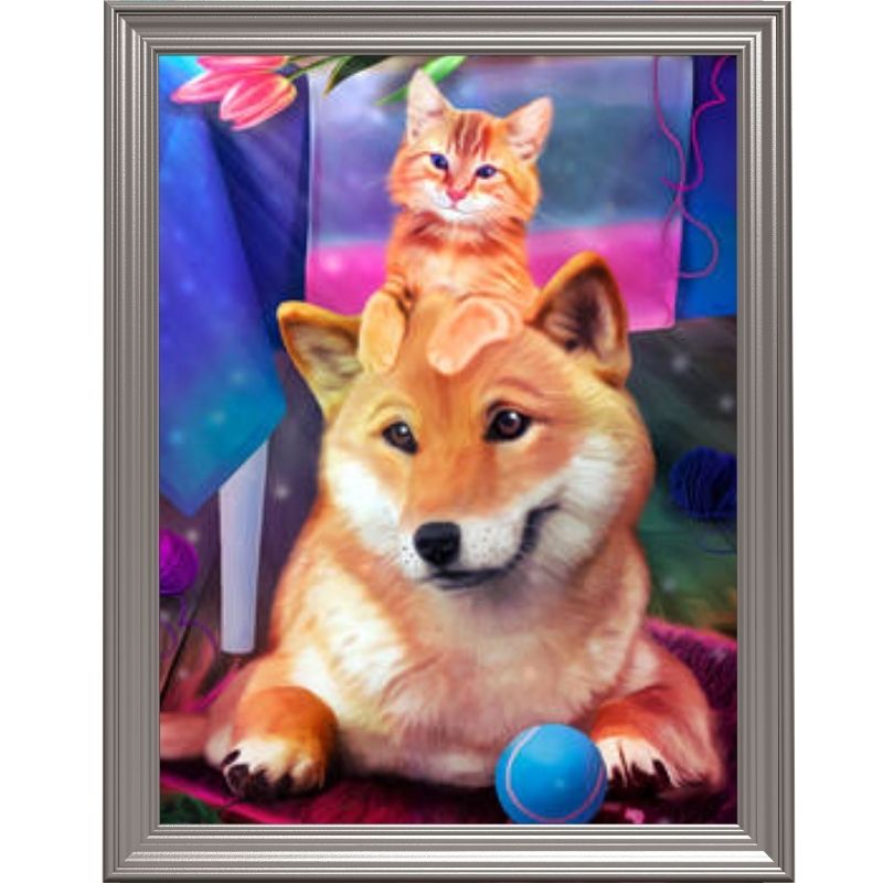 Broderie diamant - Shiba inu et chat roux