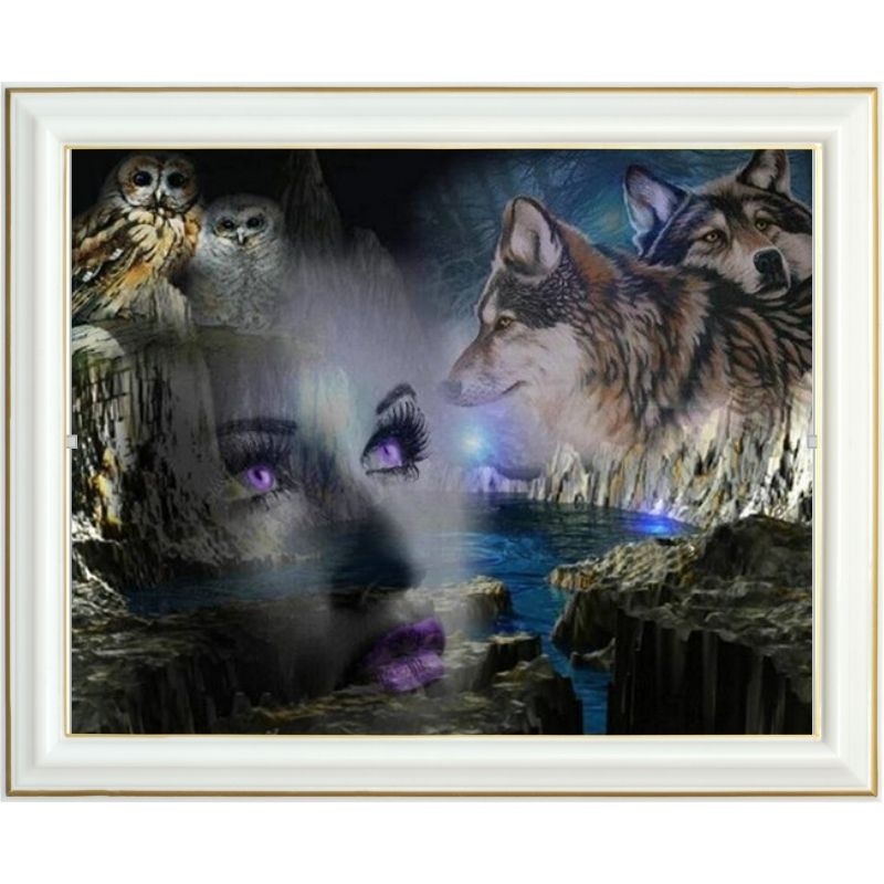 Broderie diamant - Loup, hibou et femme - 40 x 50 cm