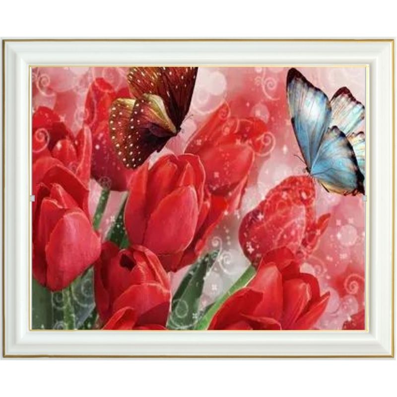 Broderie diamant - Tulipes rouges et papillons