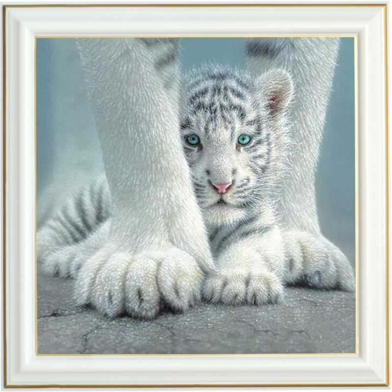 Broderie diamant - Petit tigre blanc - 40 x 40 cm