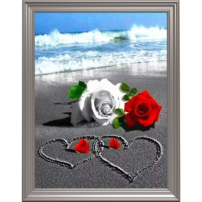 Broderie diamant - Roses, cœurs et plage
