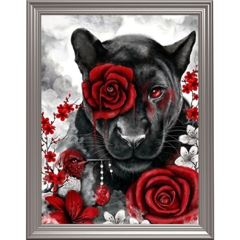 Broderie diamant - Panthère noire et roses rouges