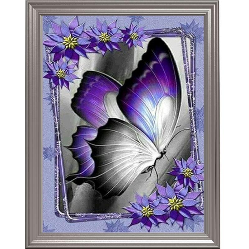 Broderie diamant - Papillons et fleurs violettes