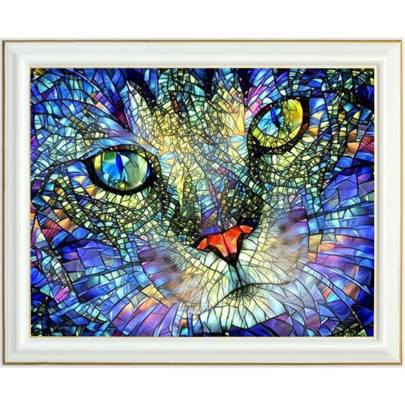 Broderie diamant - Visage de chat vitrail