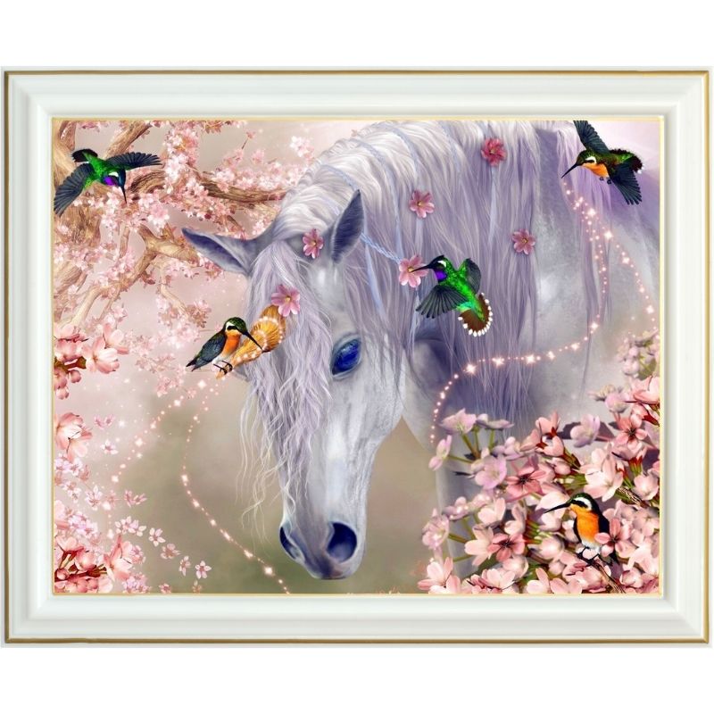 Broderie diamant - Cheval blanc et colibri