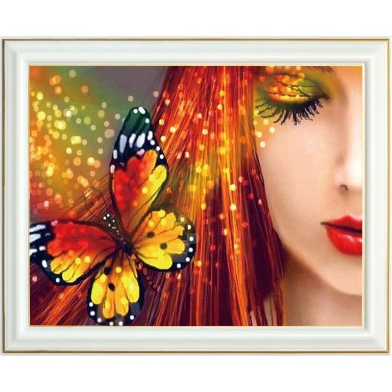 Broderie diamant - Femme et papillon rouge et jaune - 40 x 50 cm