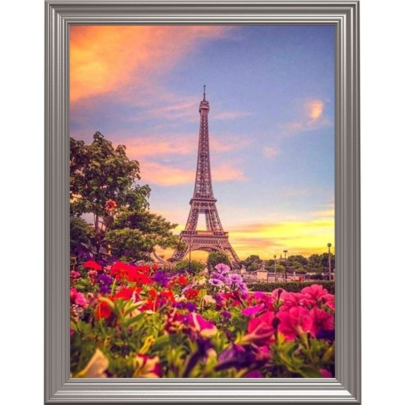 Broderie diamant - Tour Eiffel et fleurs roses
