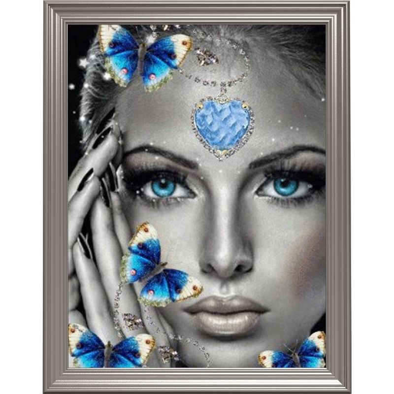 Broderie diamant - Femme et papillons bleus