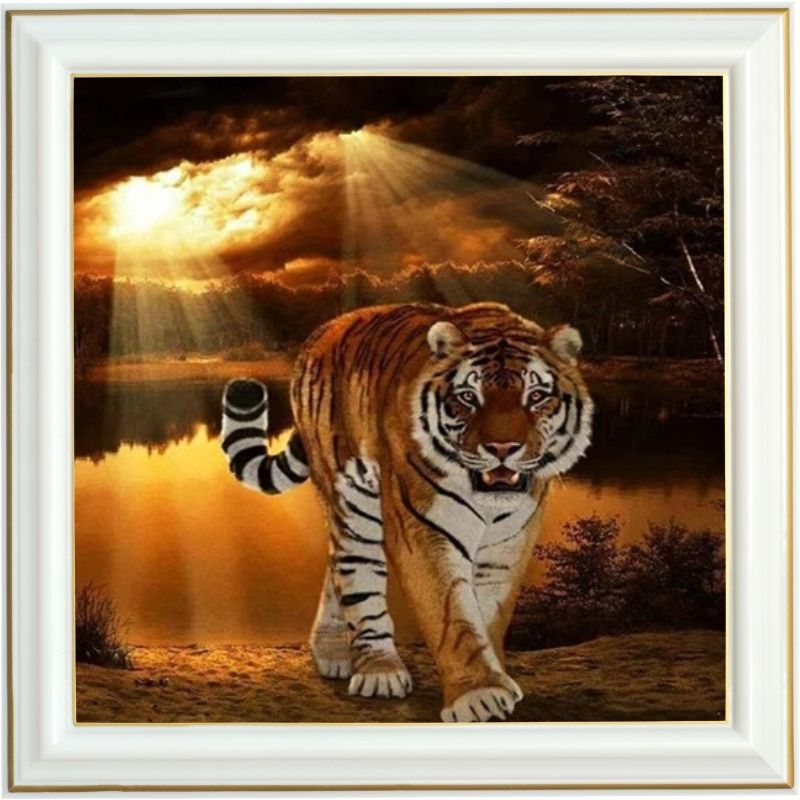 Broderie diamant - Tigre et coucher de soleil - 40 x 40 cm