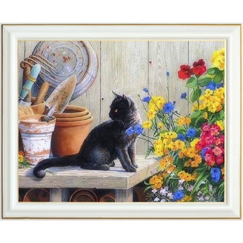 Broderie diamant - Chat noir jardinier