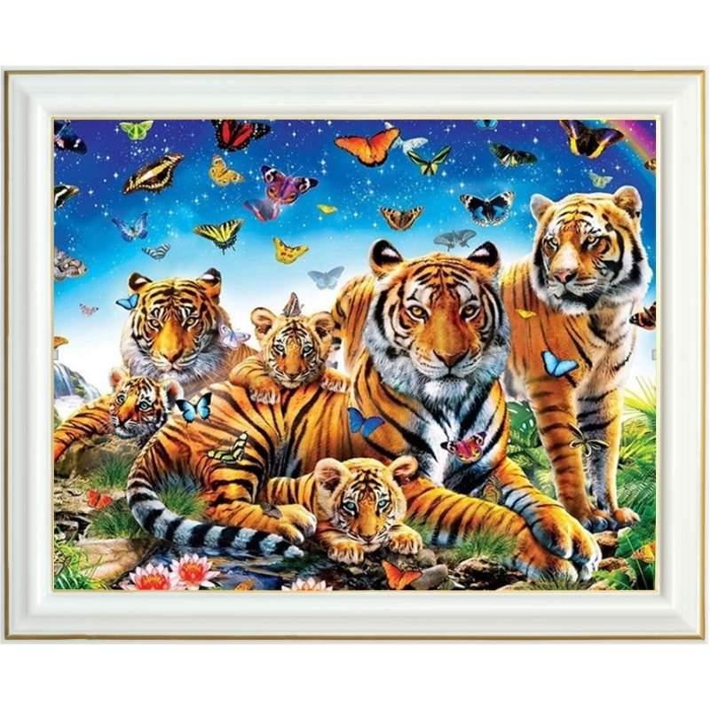 Broderie diamant - Famille tigre et papillons - 40 x 50 cm