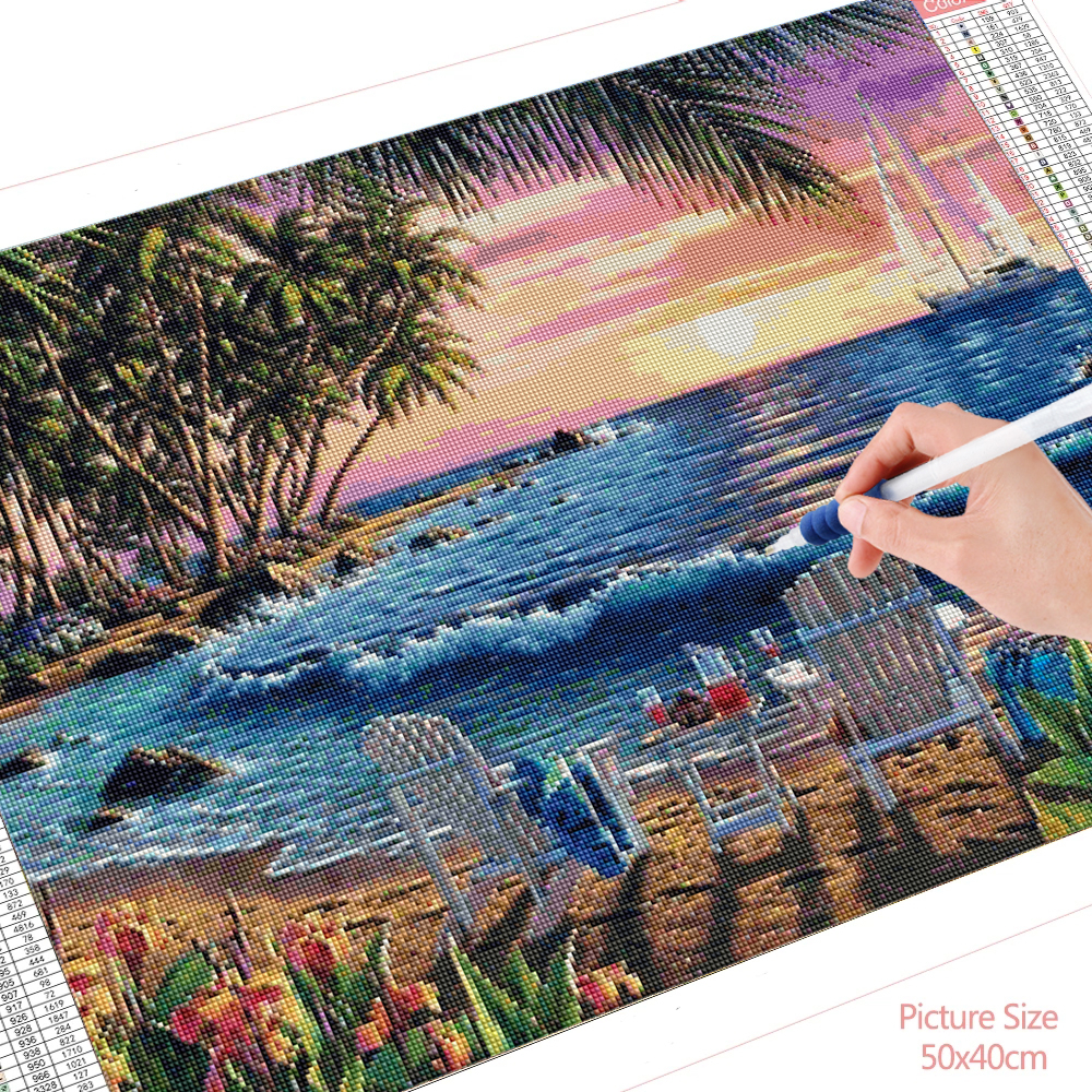HUACAN-peinture-diamant-bord-de-mer-Kit-complet-de-mosa-que-broderie-avec-couture-paysage-loisirs