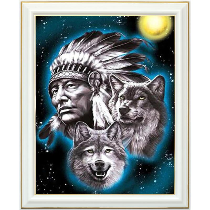 Broderie diamant - Indien et loups - 40 x 50 cm