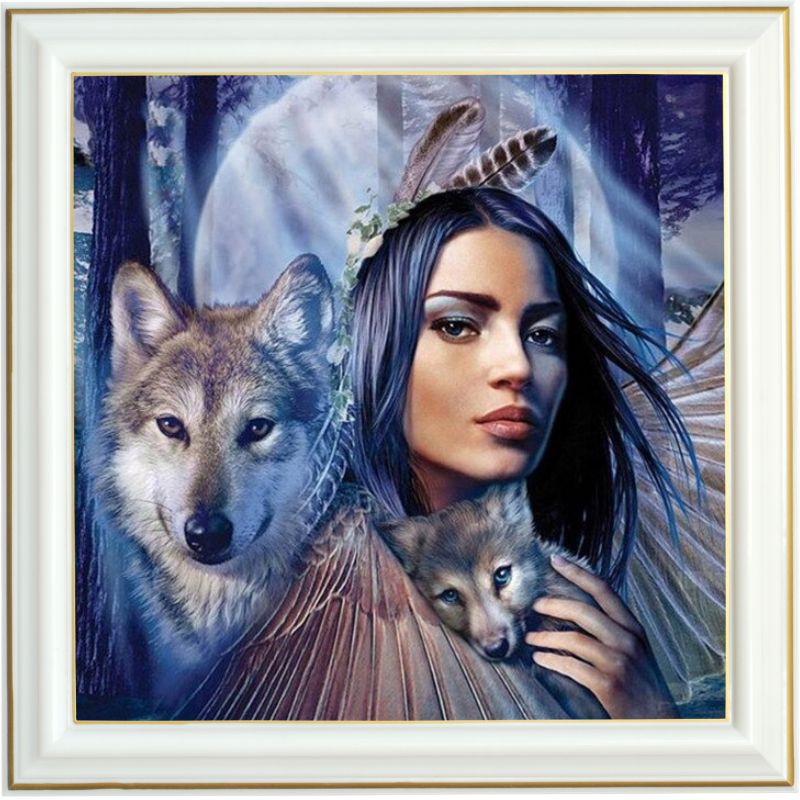 Broderie diamant - Femme apache et loups - 40 x 50 cm
