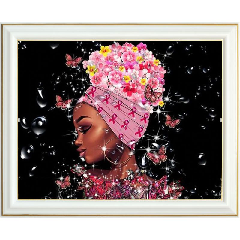 Broderie diamant - Africaine et fleurs roses - 40 x 50 cm