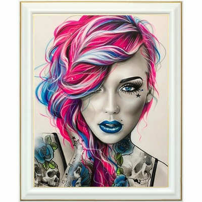Broderie diamant - Femme aux cheveux roses - 40 x 50 cm