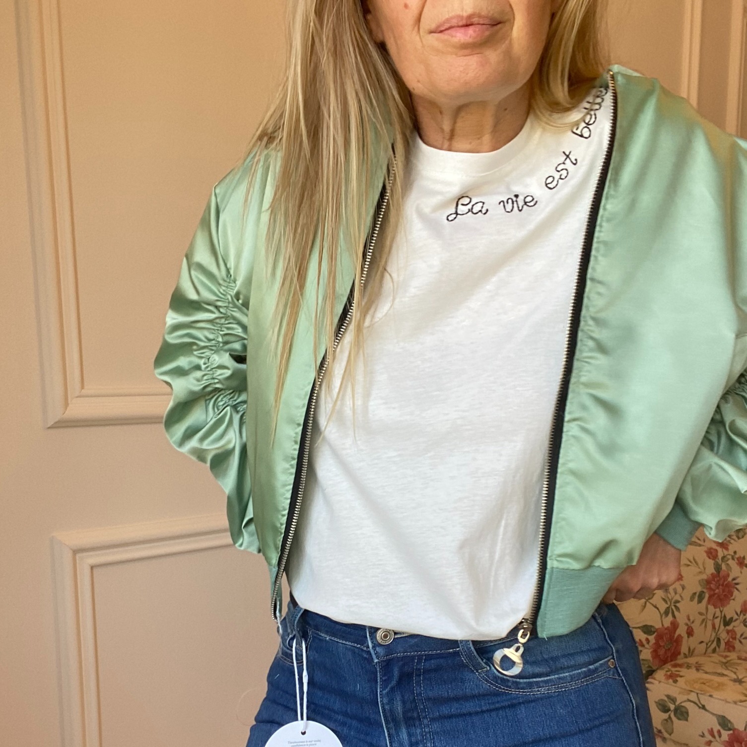 VERT CELADON SATINE BOMBER MANCHES FRONCEES