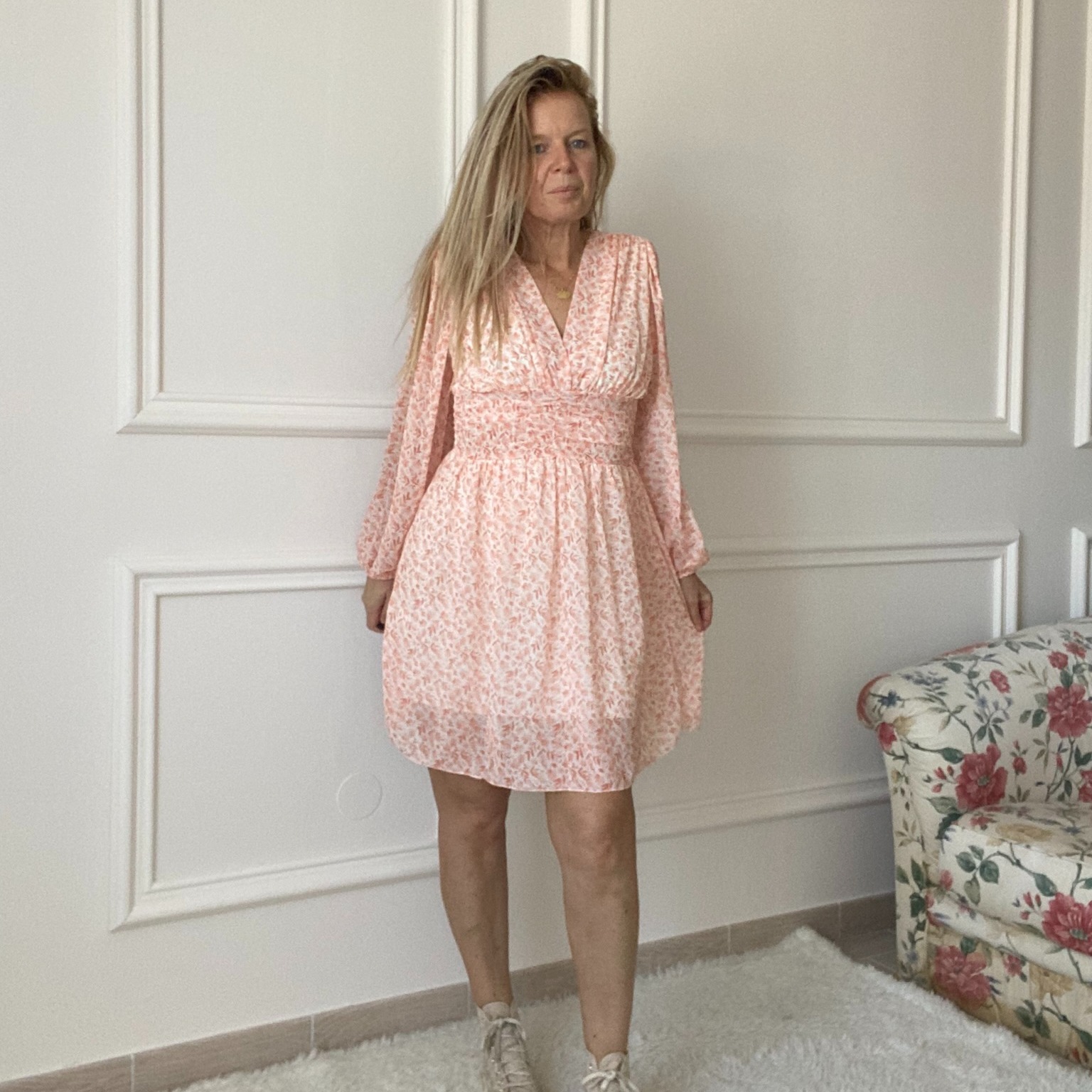 Robe pêche orange petites fleurs liberty