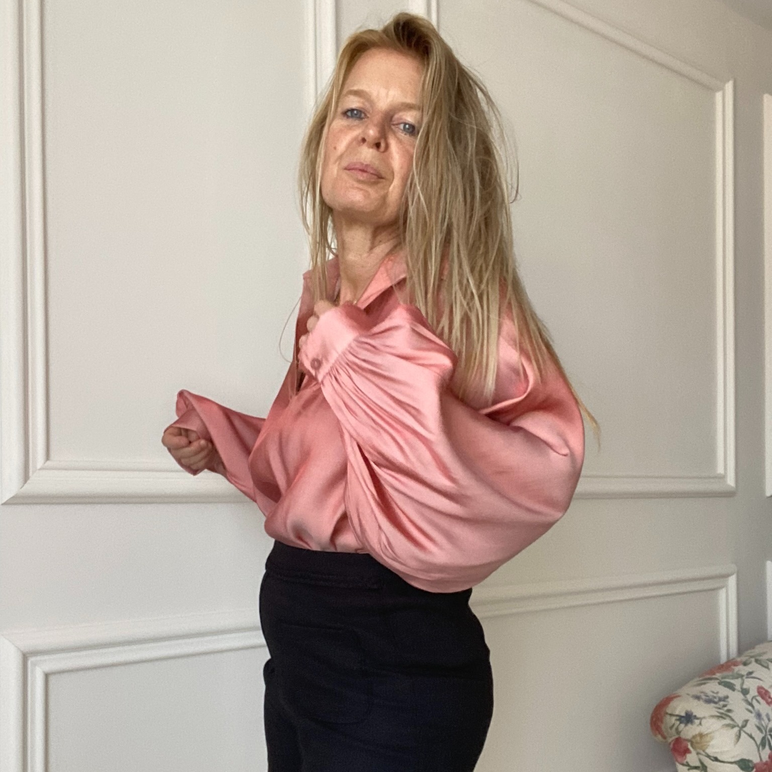 blouse vieux rose satiné liquette col chemise