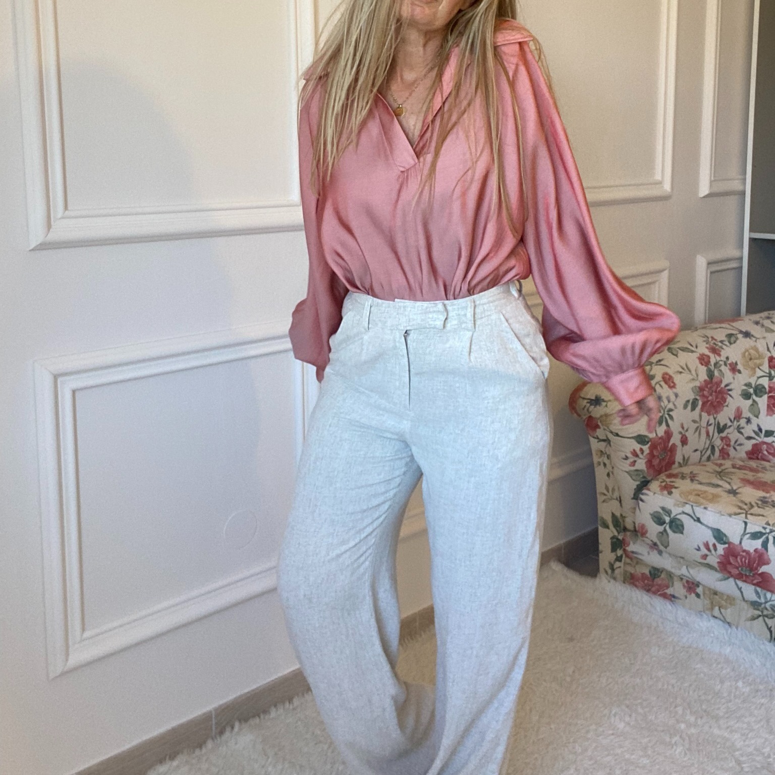 vieux rose irisé satiné liquette col chemise