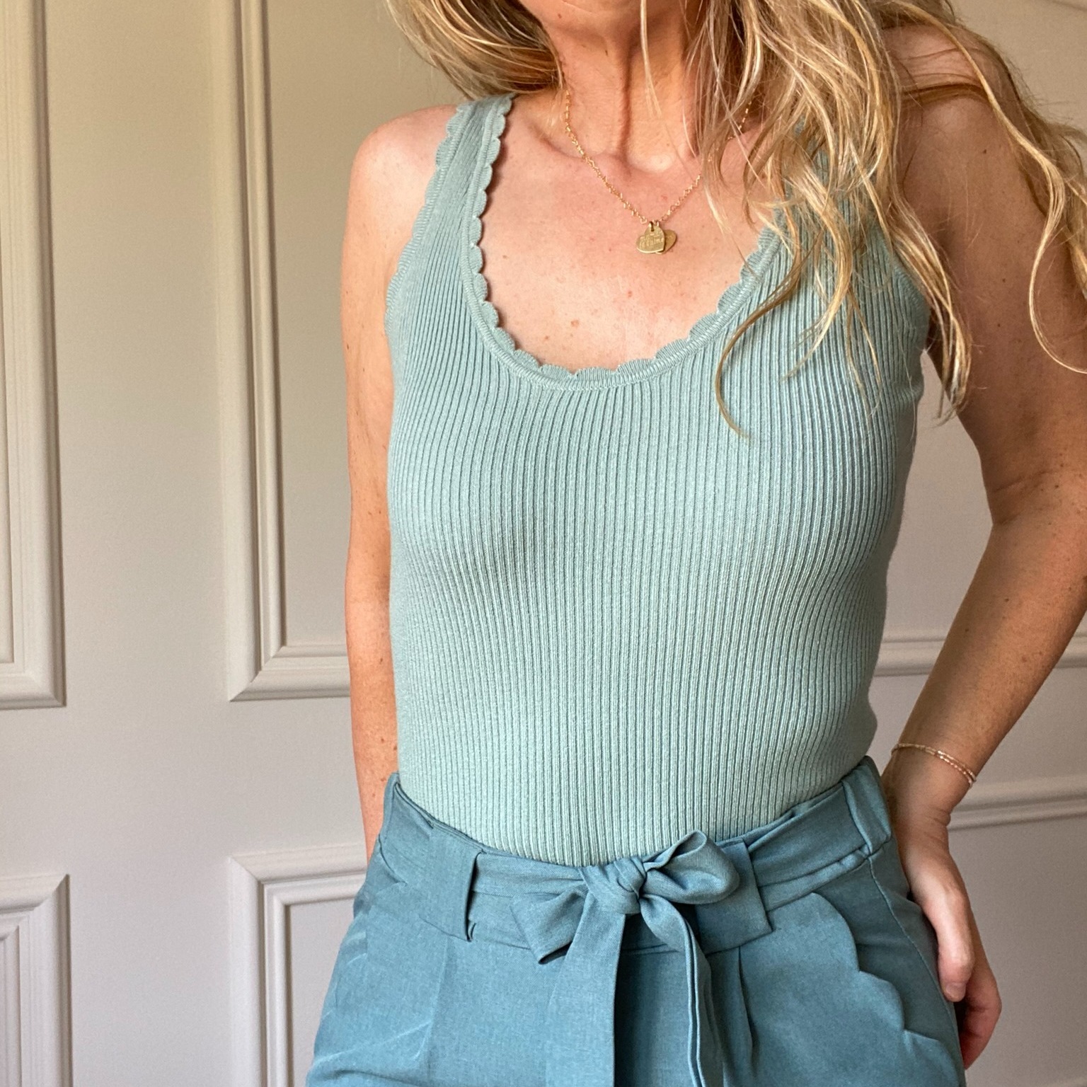 pantalon turquoise poche festonnées taille elastique lien à nouer (2)