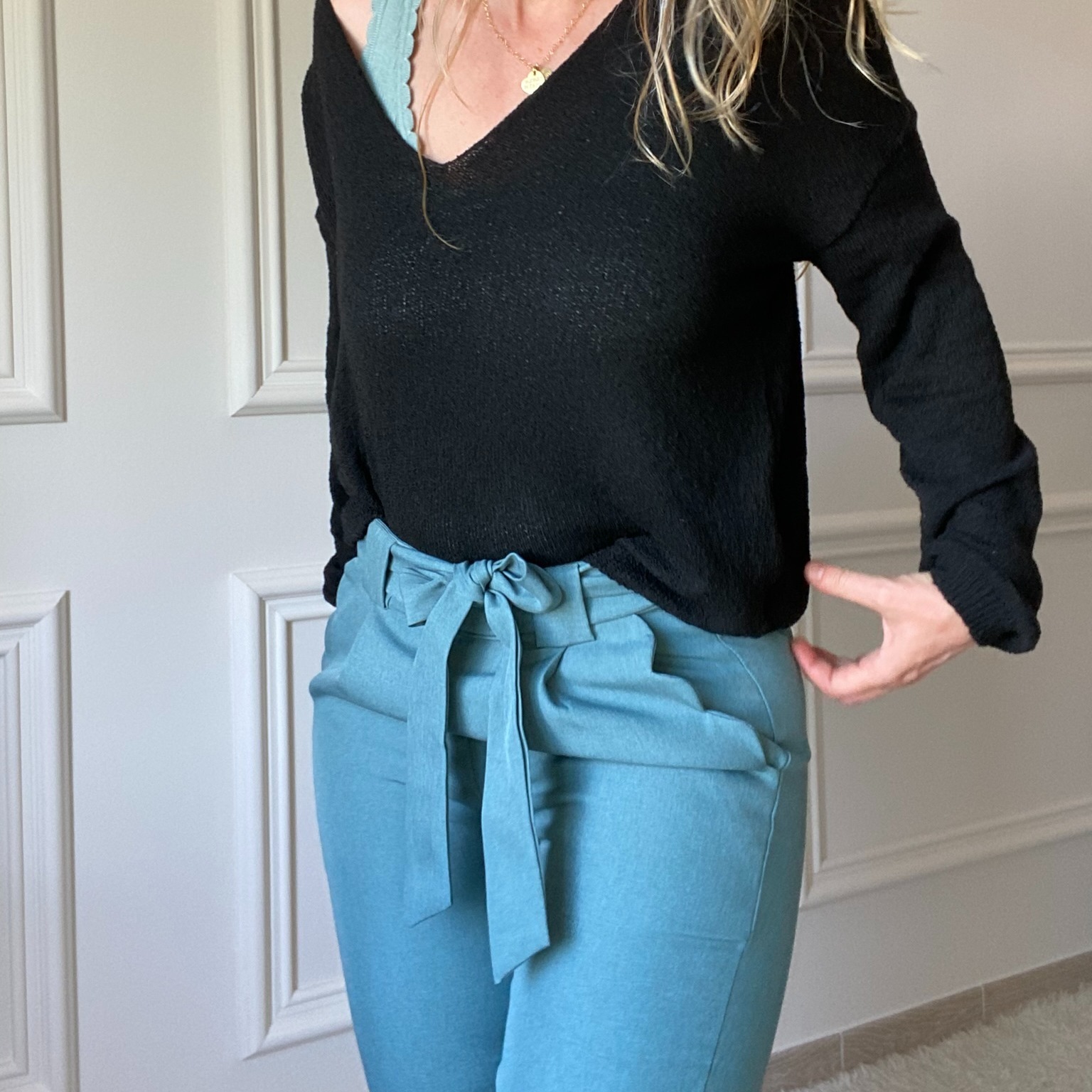 pantalon bora turquoise poches festonnées taille elastique lien à nouer (1)