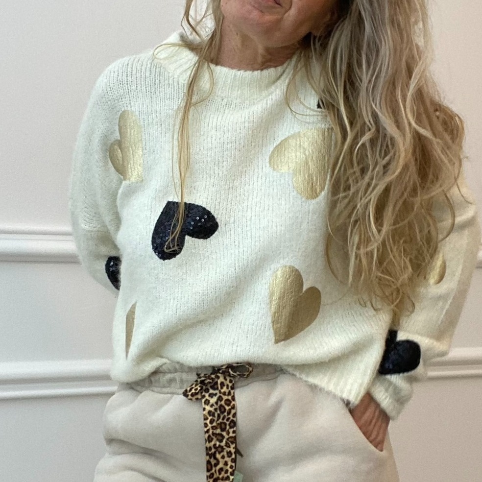 pull beige maille douce SARAH JOHN - VERSION M - coeur sequin et or (1)