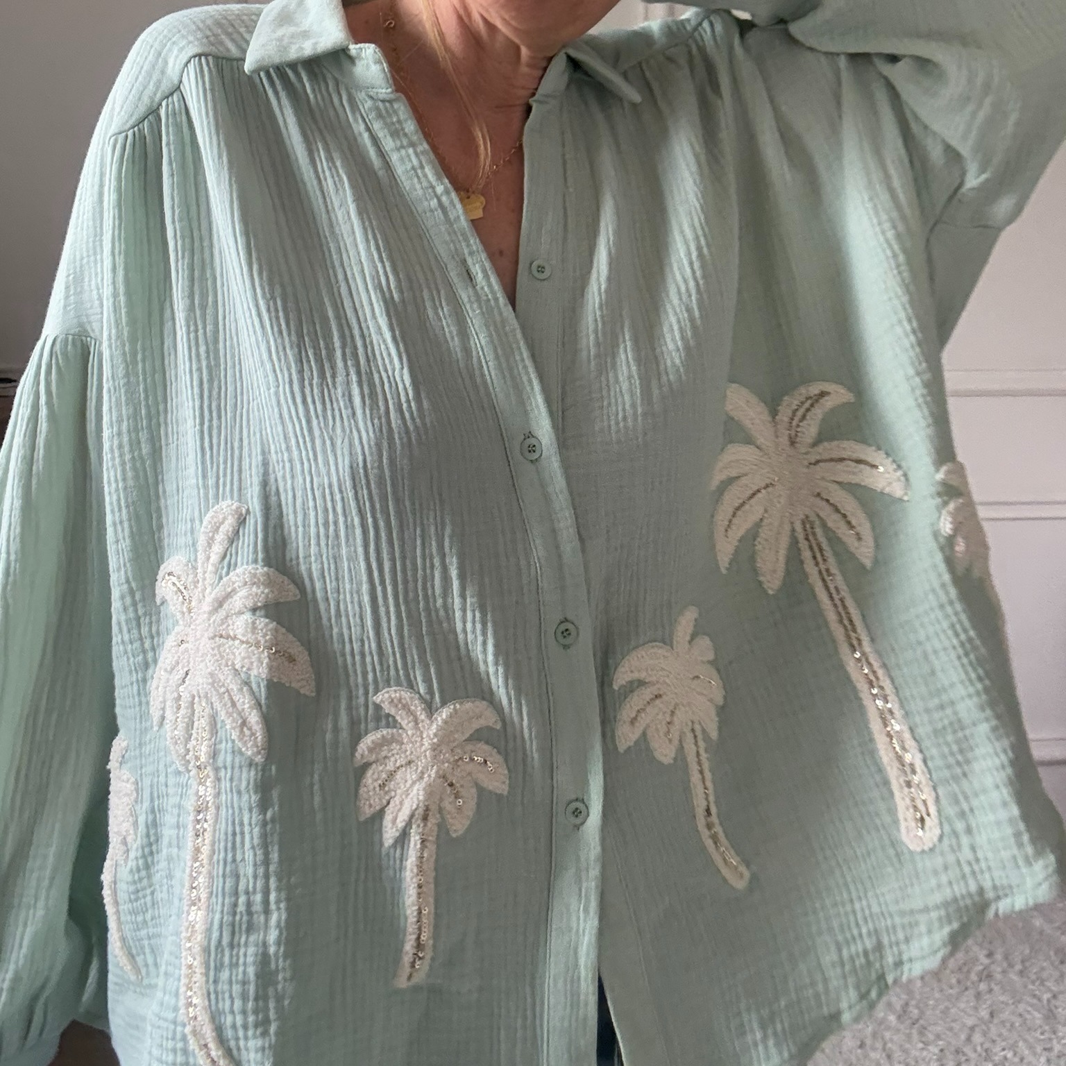 SARAH JOHN - VERSION M - MUSY MUSE BAHAMAS - Chemise vert deau en gaze de coton (1)