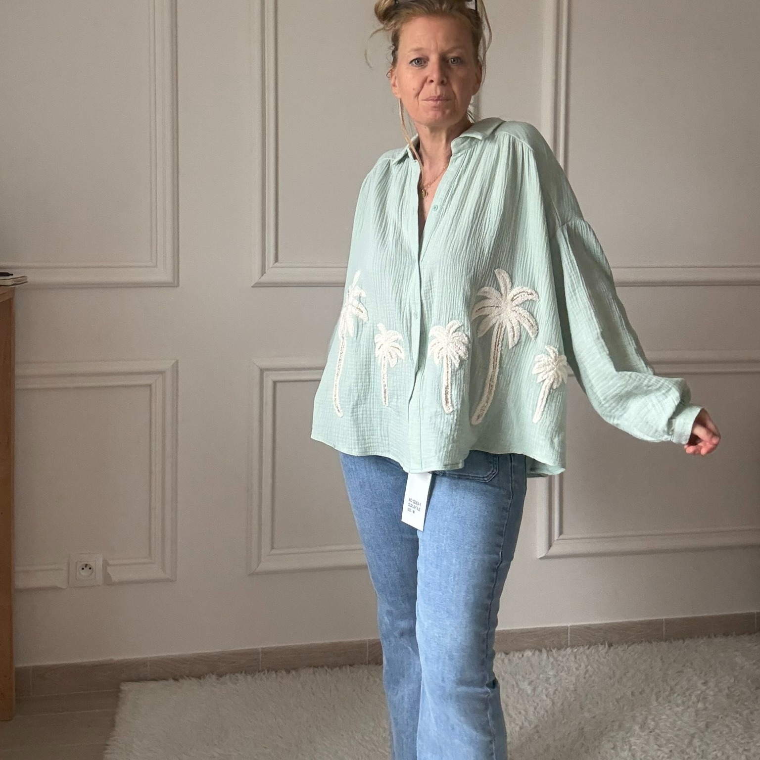 SARAH JOHN - VERSION M - MUSY MUSE BAHAMAS - Chemise vert deau en gaze de coton (10)
