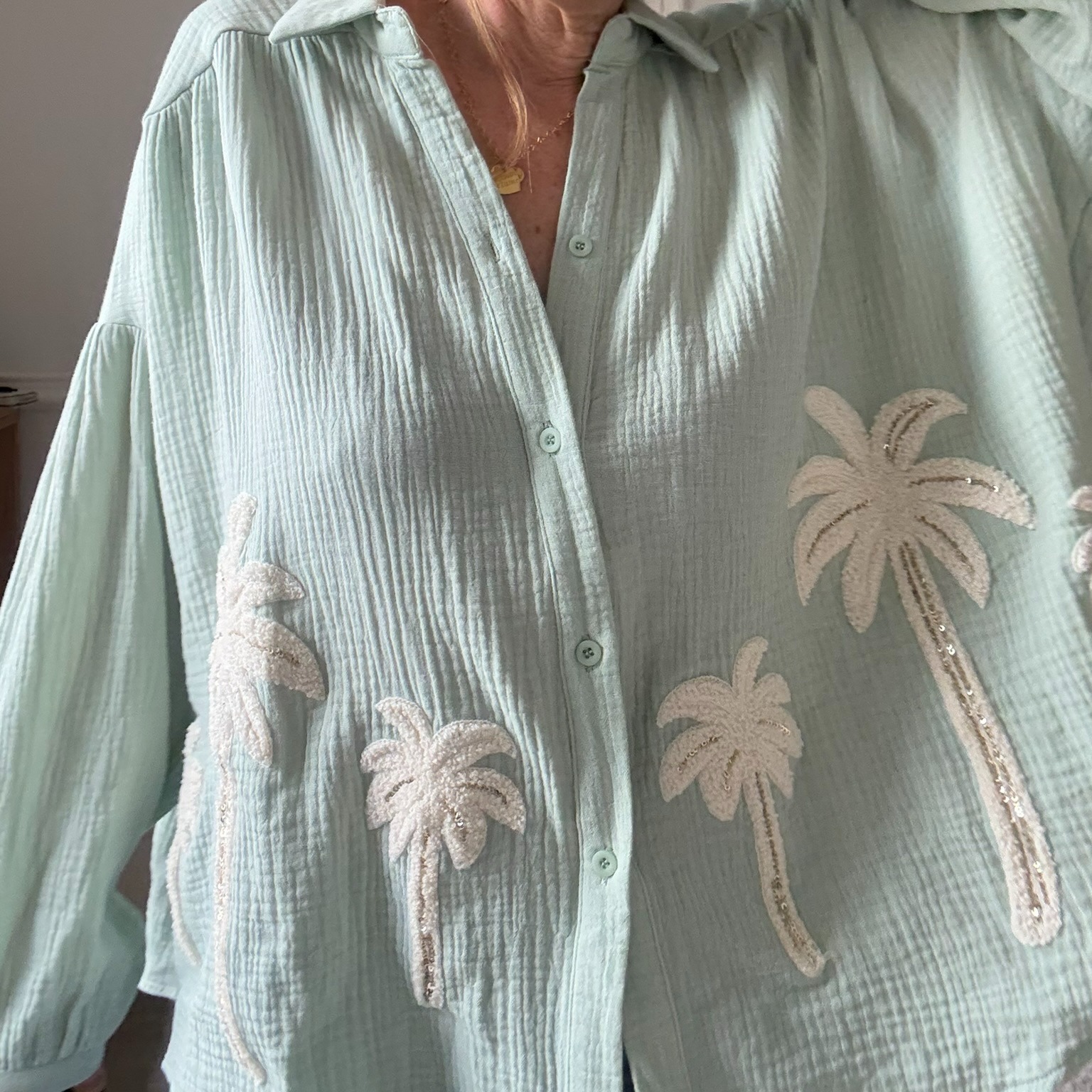 SARAH JOHN - VERSION M - MUSY MUSE BAHAMAS - Chemise vert deau en gaze de coton (14)