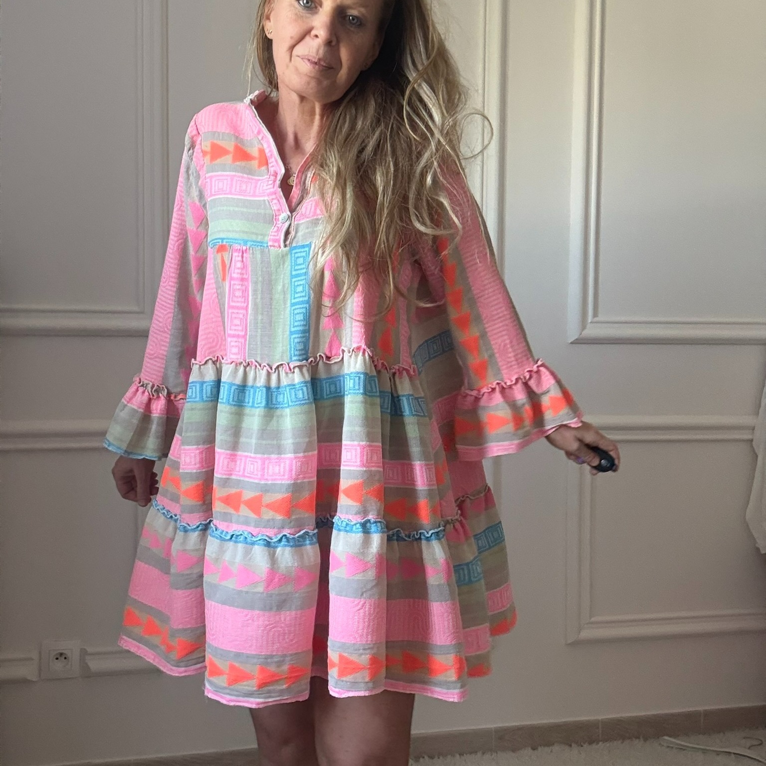 Robe bohème en coton rose, orange et bleu NOELINE (6)