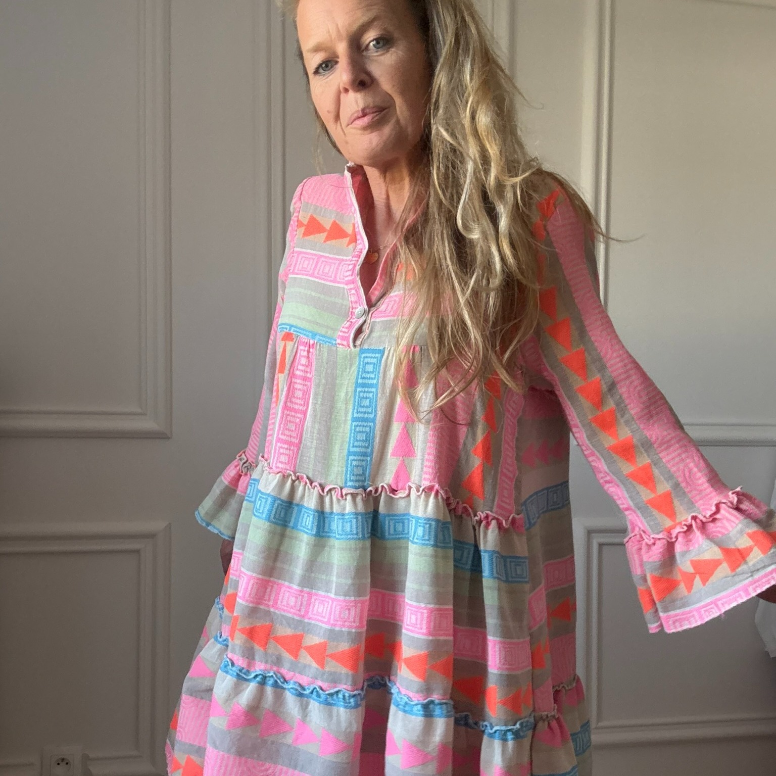 Robe bohème en coton rose, orange et bleu NOELINE (3)