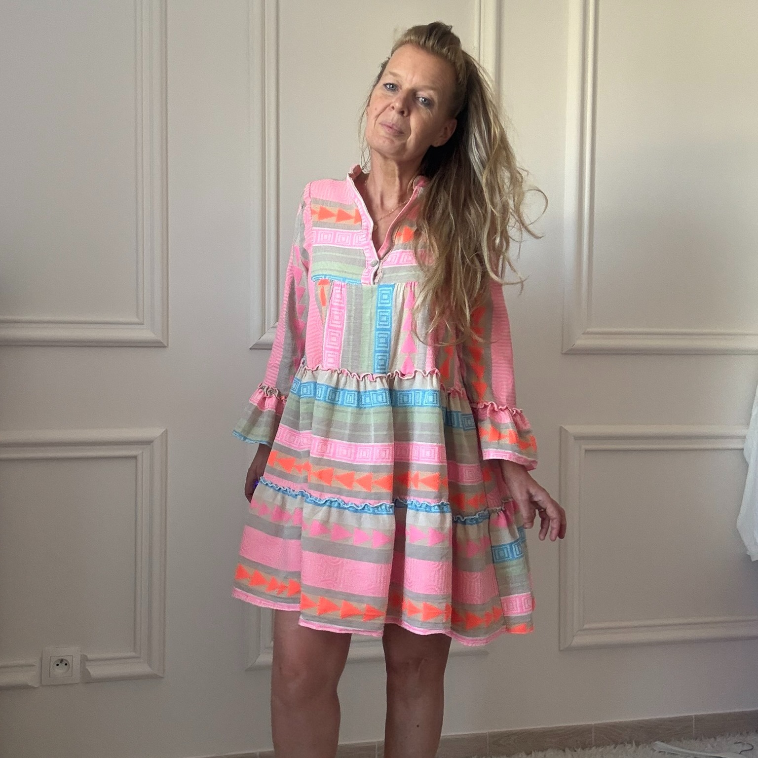 Robe bohème en coton rose, orange et bleu NOELINE (2)