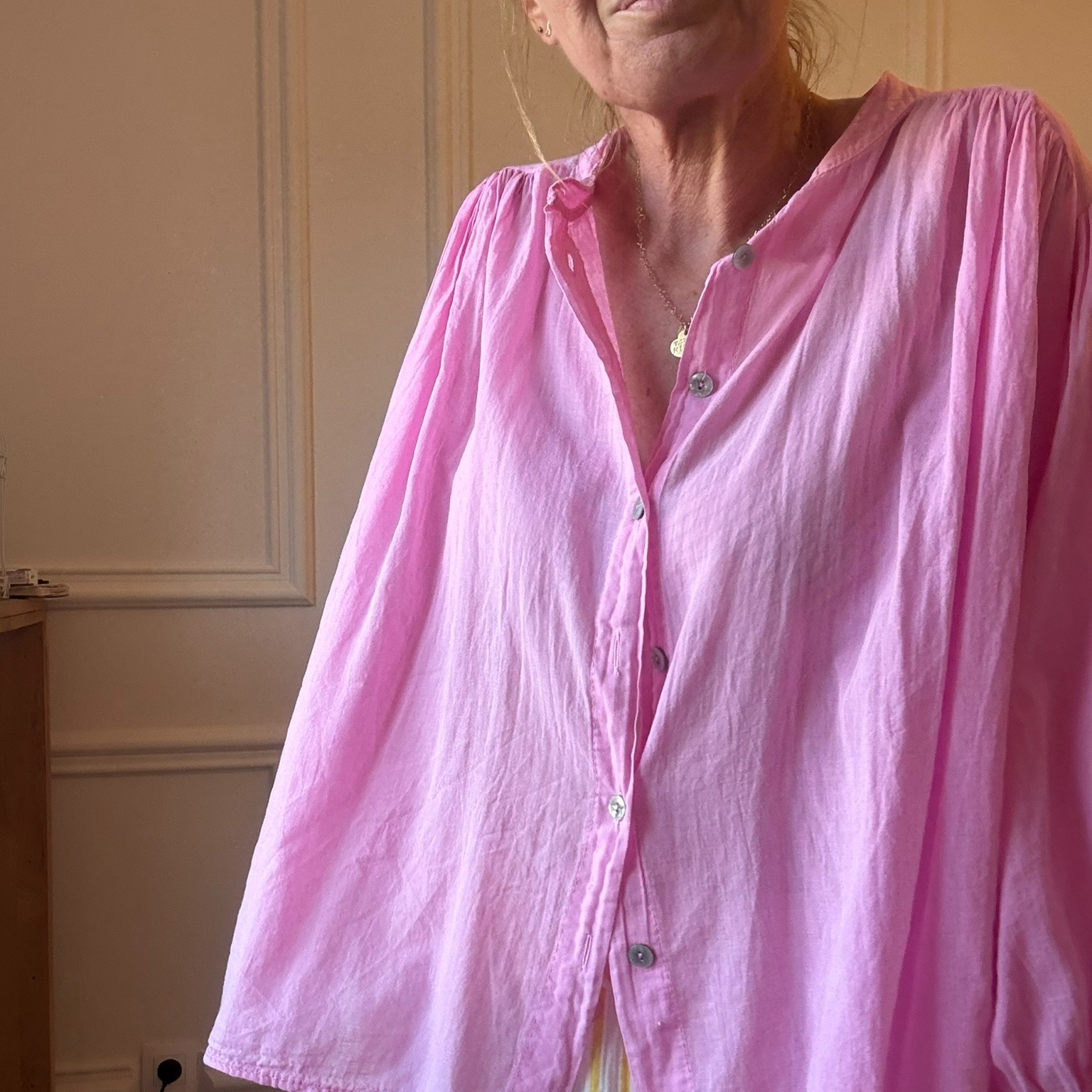 PANTALON ROSE ET JAUNE NOELINE EN GAZE DE COTON  (6)