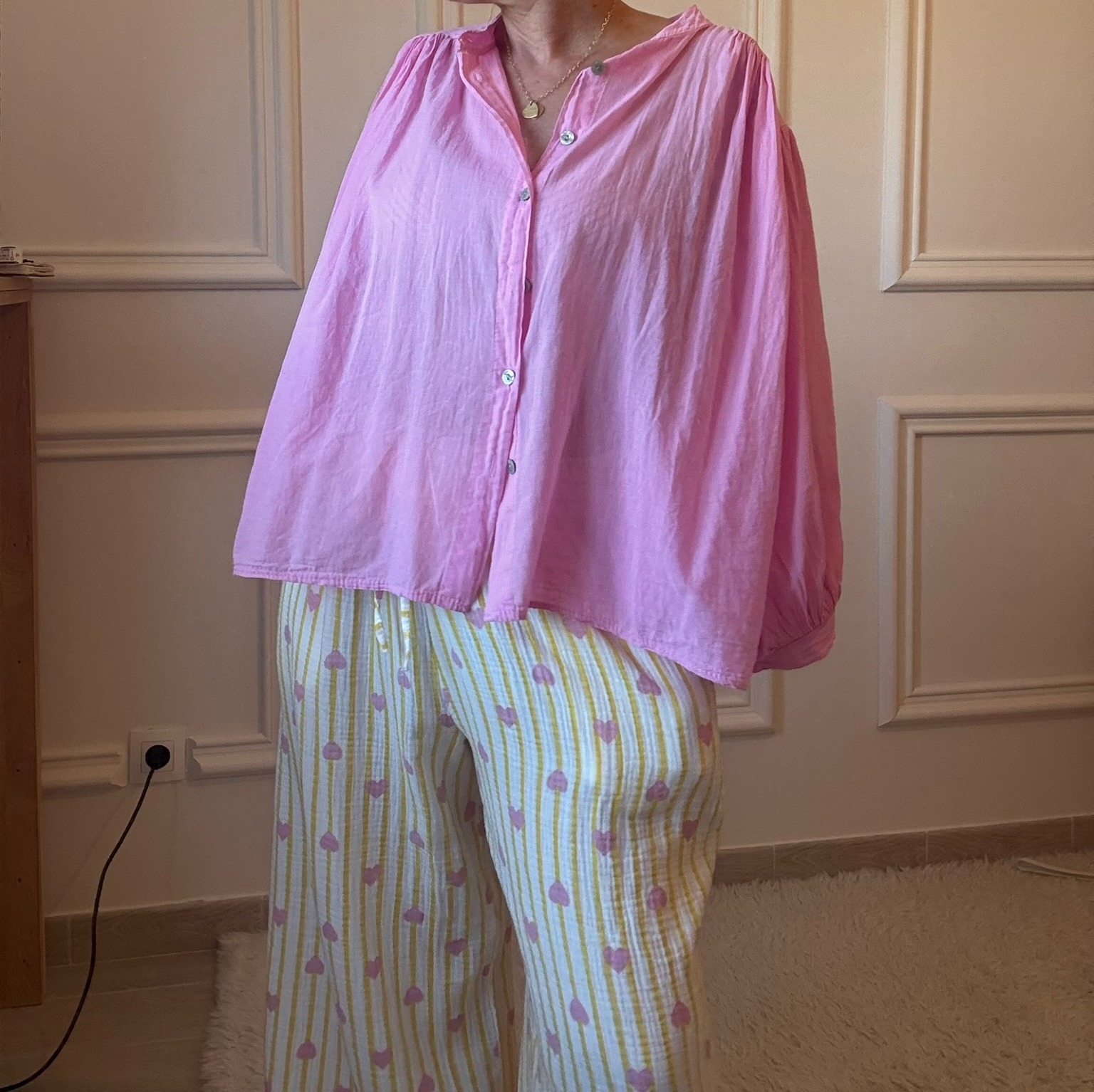 PANTALON ROSE ET JAUNE NOELINE EN GAZE DE COTON  (9)